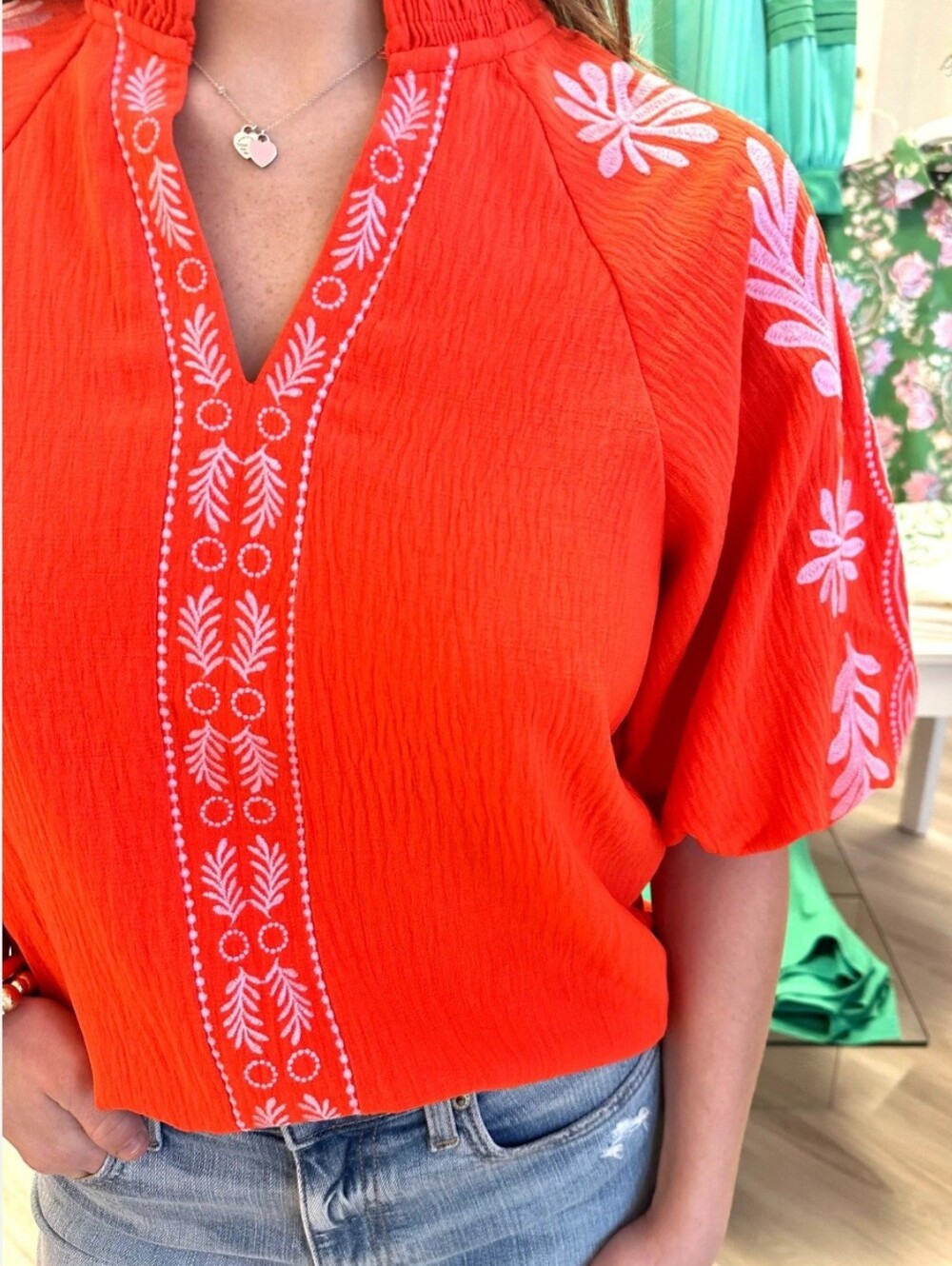 THML Embroidered Ruffle Neck Top. A vibrant coral-red bohemian peasant blouse XL